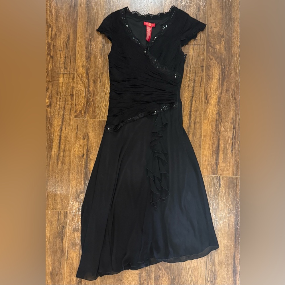 Sangria Black Ruffled Midi Dress with Sequin Trim